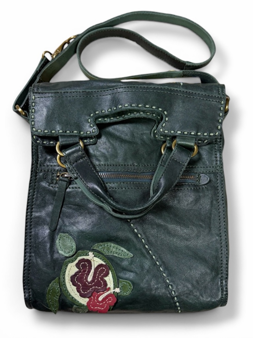 Lucky Brand Abbey Road “Hibiscus Honu” Green Leather Shoulder Bag